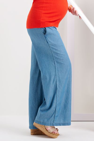 Chambray Maternity Trousers with a Smocked Waistband