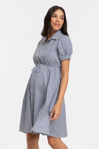 Maternity and Nursing Shirt Dress with Puffed Sleeves