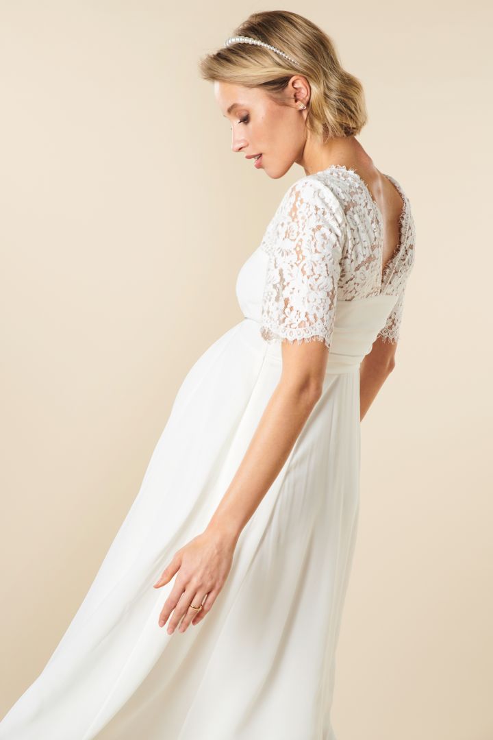 Midi maternity wedding dress with sweetheart neckline