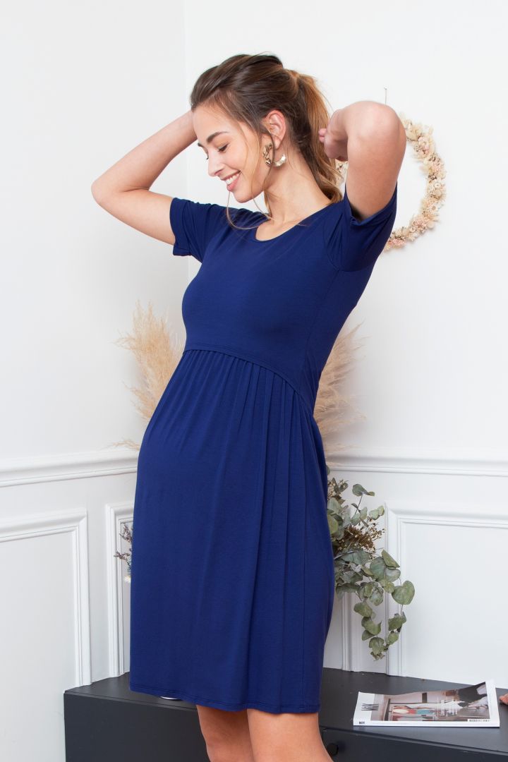 Short-Sleeved Maternity and Nursing Dress blue
