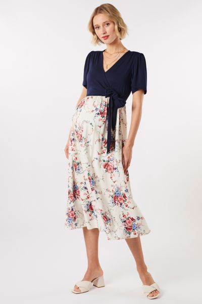 Midi Maternity and Nursing Dress in Wrap Look with Flower Print