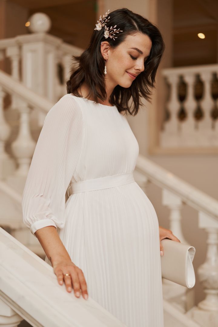 Pleated Maternity Wedding Dress with 3/4 Sleeves and Sash