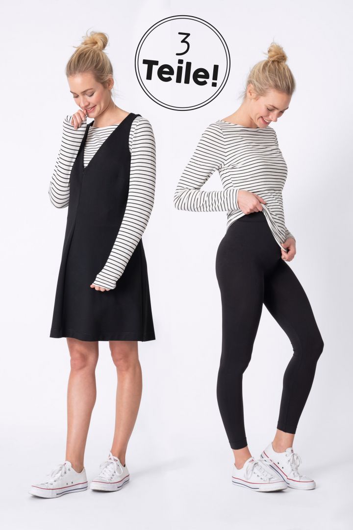 Three-piece maternity set: dress, striped shirt, and leggings