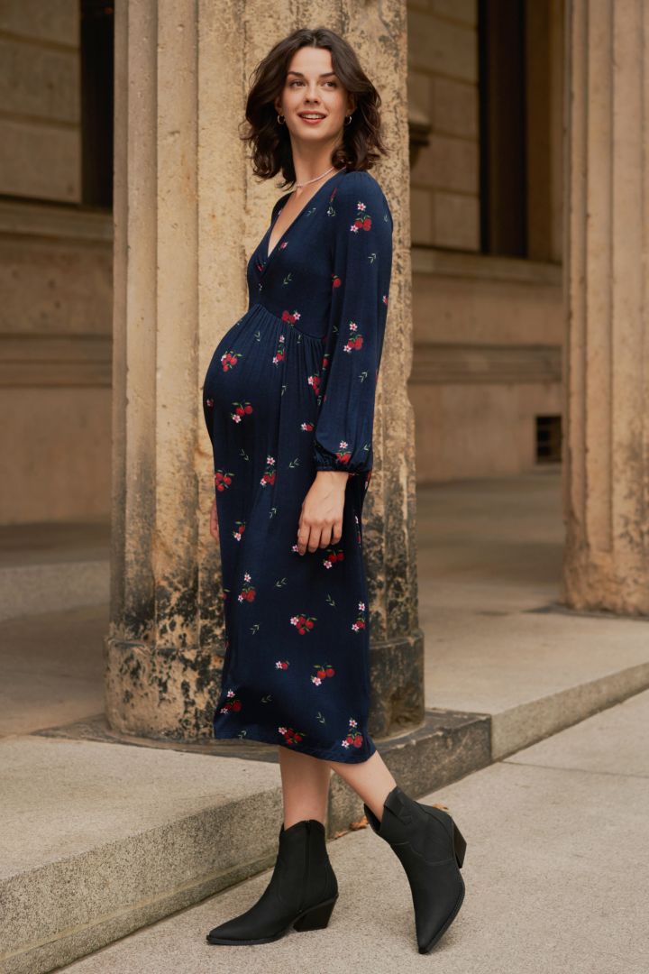 Midi Maternity and Nursing Dress with Cherry Print