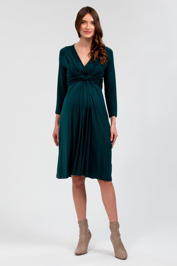 Maternity and Nursing Dress with Knot Detail 3/4 Sleeve dark green