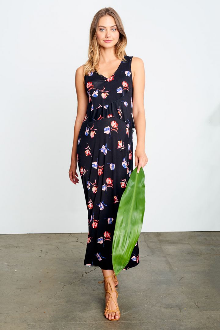 Maxi V-Neck maternity dress with tulips print