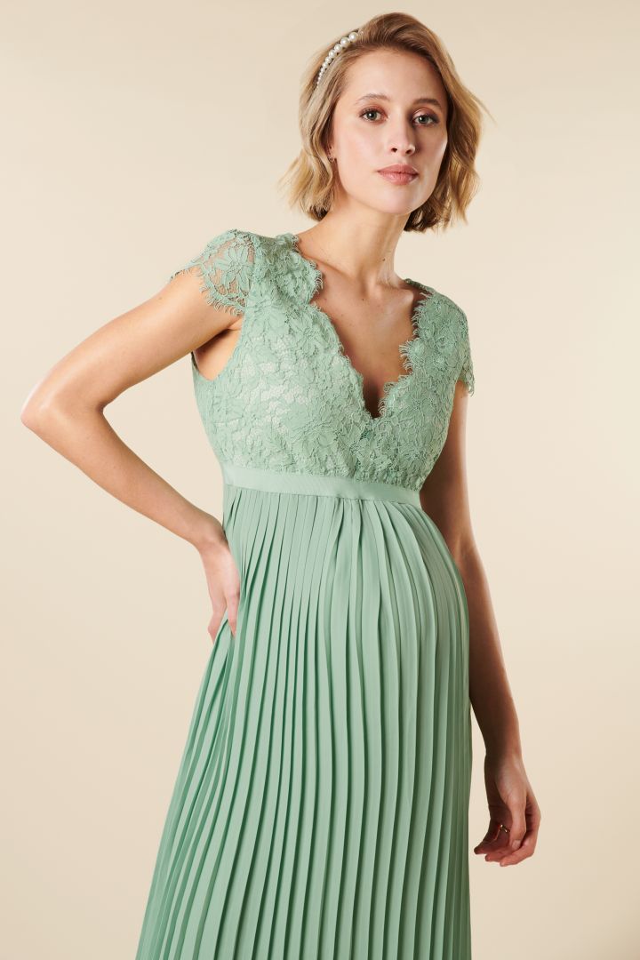 Festive Maternity Dress with Lace Top and Pleats mint