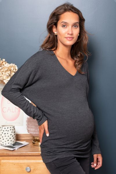 Batwing Maternity Sweater with V-Neckline grey