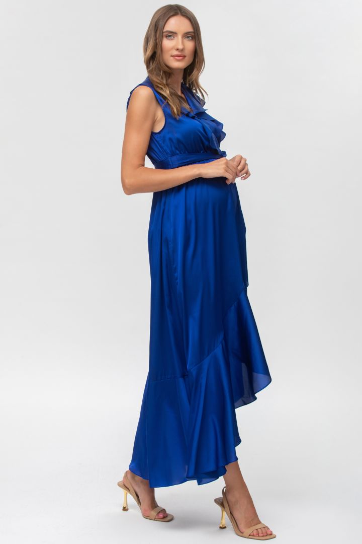 Festive Maternity and Nursing Dress with Flounces blue
