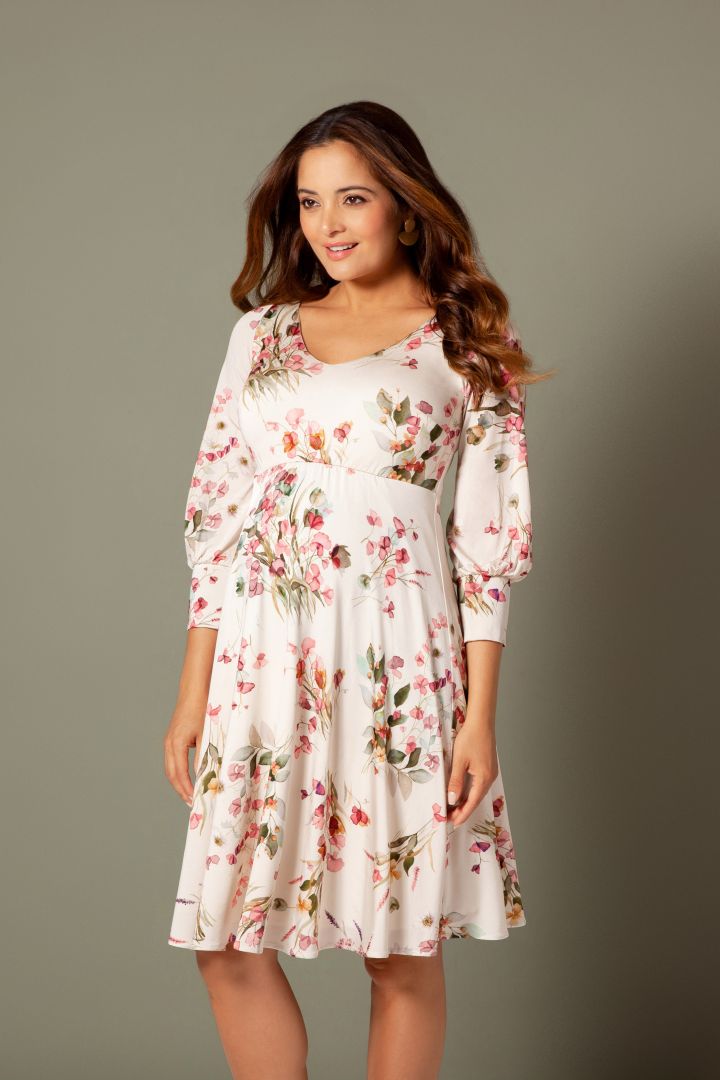 Maternity Dress with Cuffed Puff Sleeves Floral