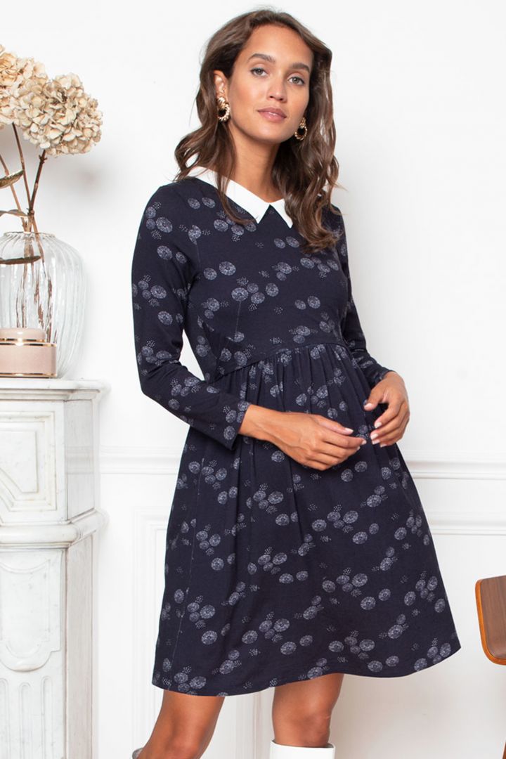 Maternity and Nursing Dress with Peter Pan Collar and Flower-Print