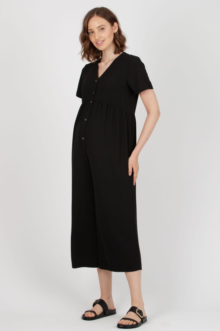 Crepe Maternity and Nursing Jumpsuit with Button Placket black