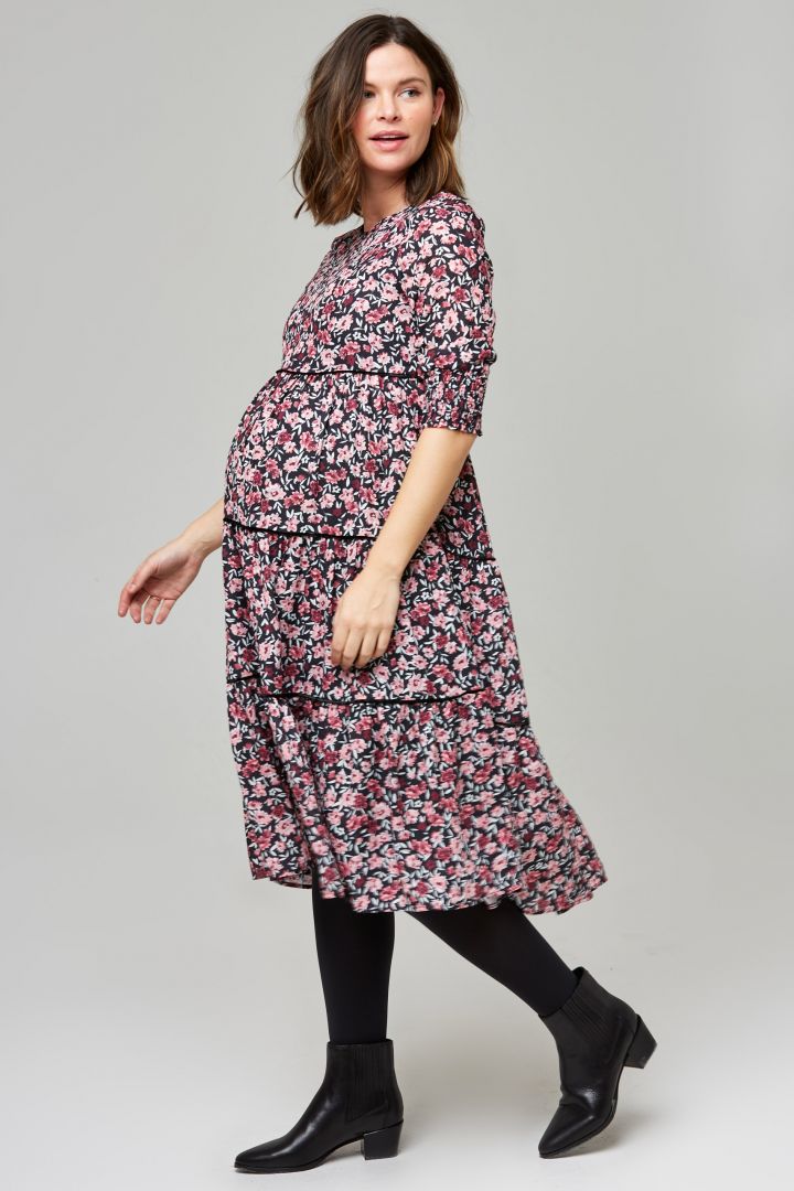 Midi flounce Maternity Dress with floral Print