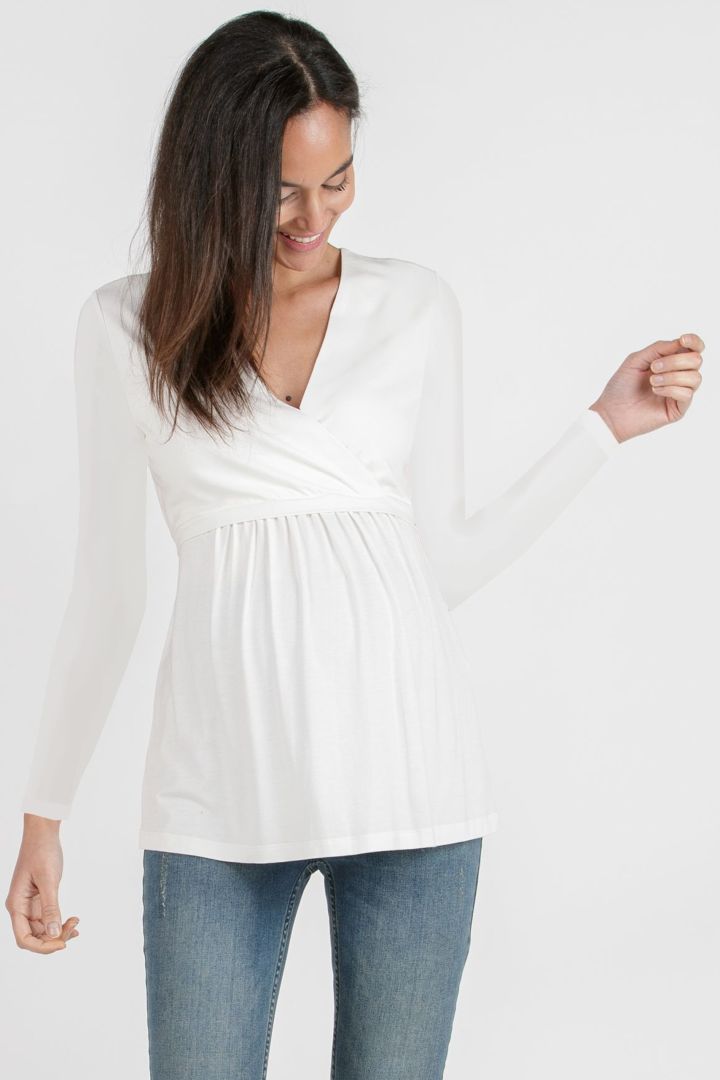 Maternity and Nursing Shirt with Back Tie Long Sleeve offwhite