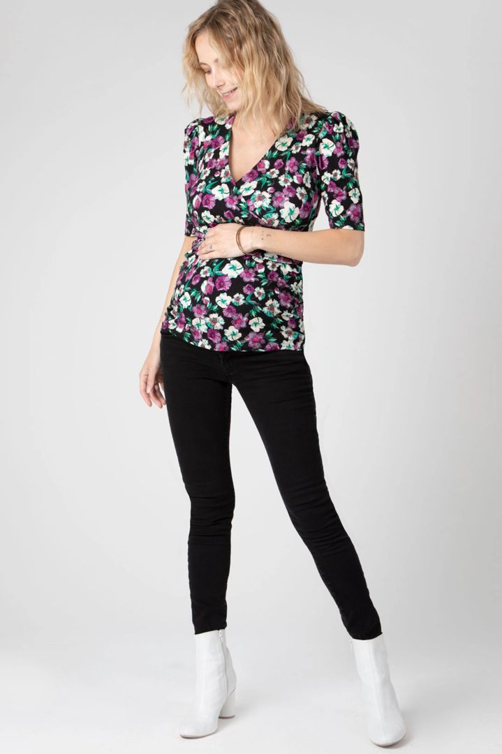 Cross-over Maternity and Nursing Shirt with Floral Print
