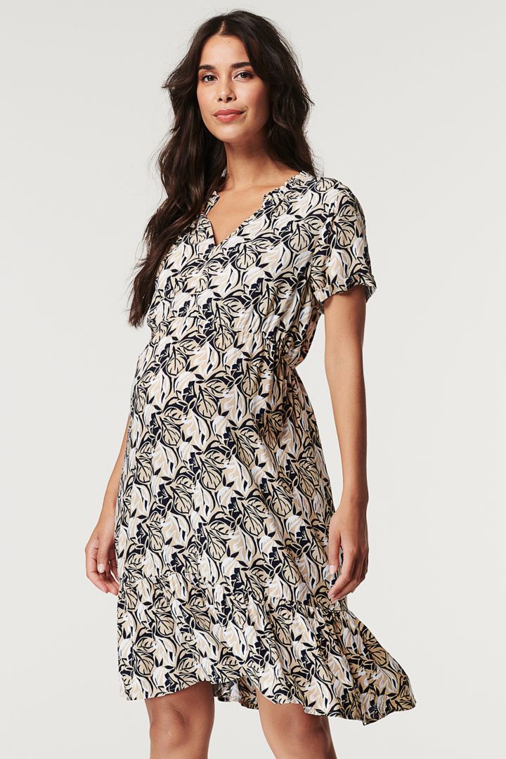 Maternity and Nursing Dress with Leaves Print