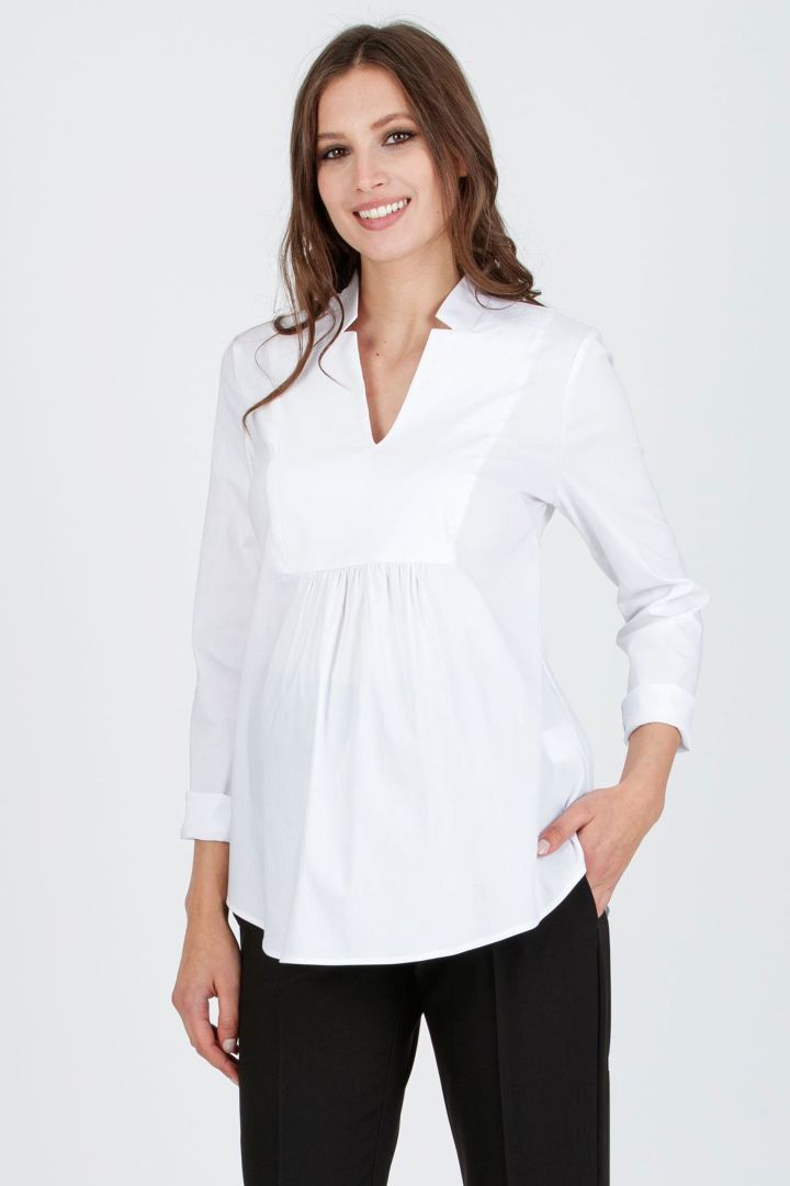 Stretch cotton maternity blouse with lapel collar
