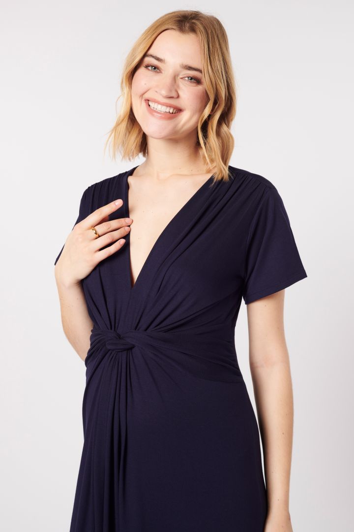 Ecovero Maxi Maternity and Nursing Dress with Knot Detail navy