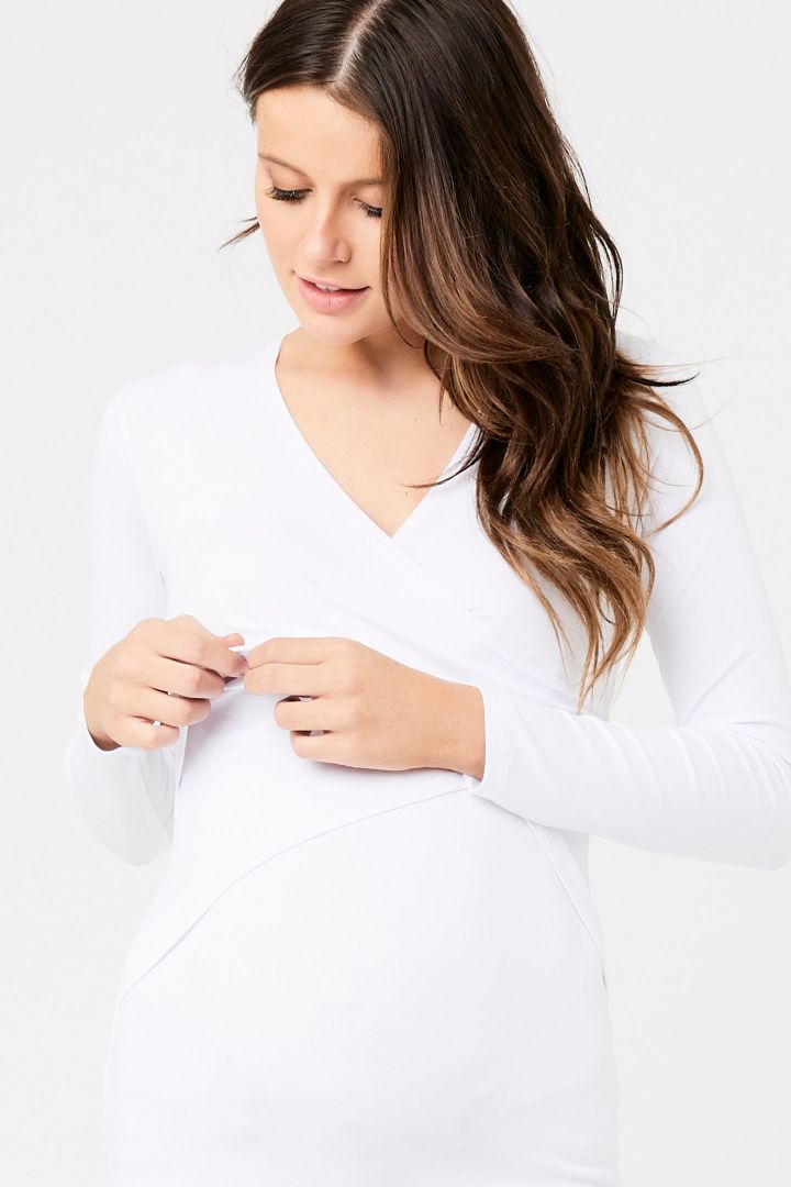 Maternity and nursing shirt with cross-over design in white