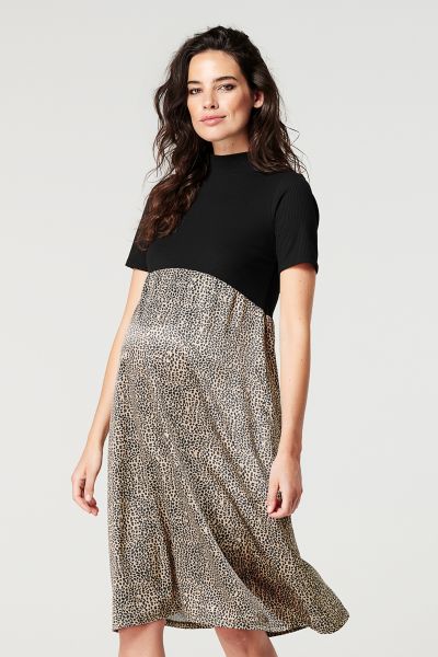 Maternity Dress with Ribbed Knit Top and Animal Print Skirt