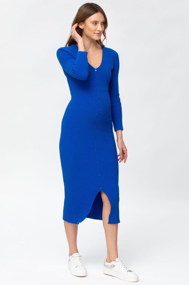 Ribbed Knit Maternity Dress with Buttons royal blue