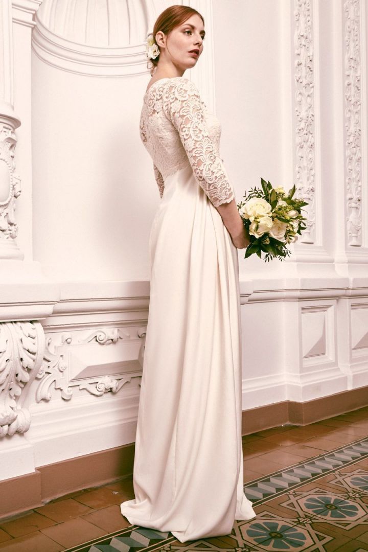 Long Crepe Maternity Wedding Dress with Lace