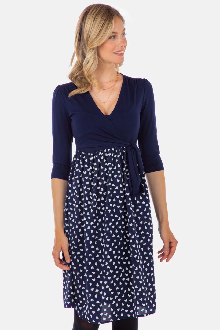 Maternity and Nursing Dress in Wrap Design with Heart Print navy