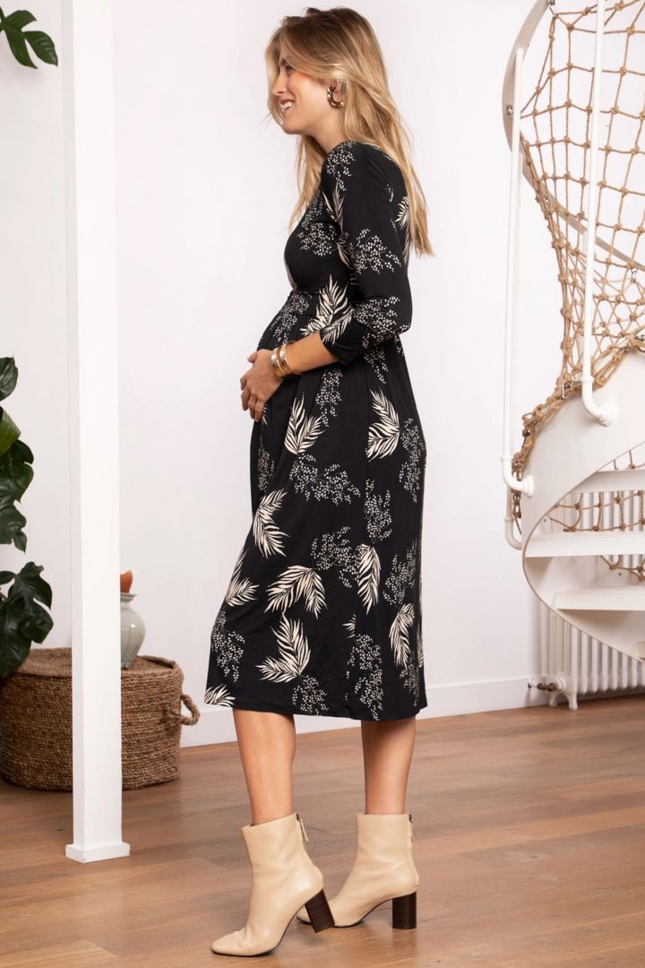 Midi Maternity and Nursing Dress with Leaves Print