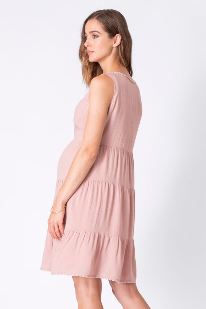 Maternity and Nursing Dress with Pompom Trim pink