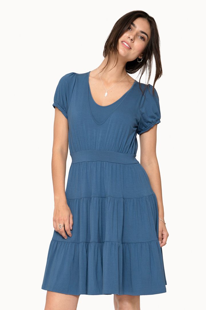 Organic Maternity and Nursing Dress with Flounces blue