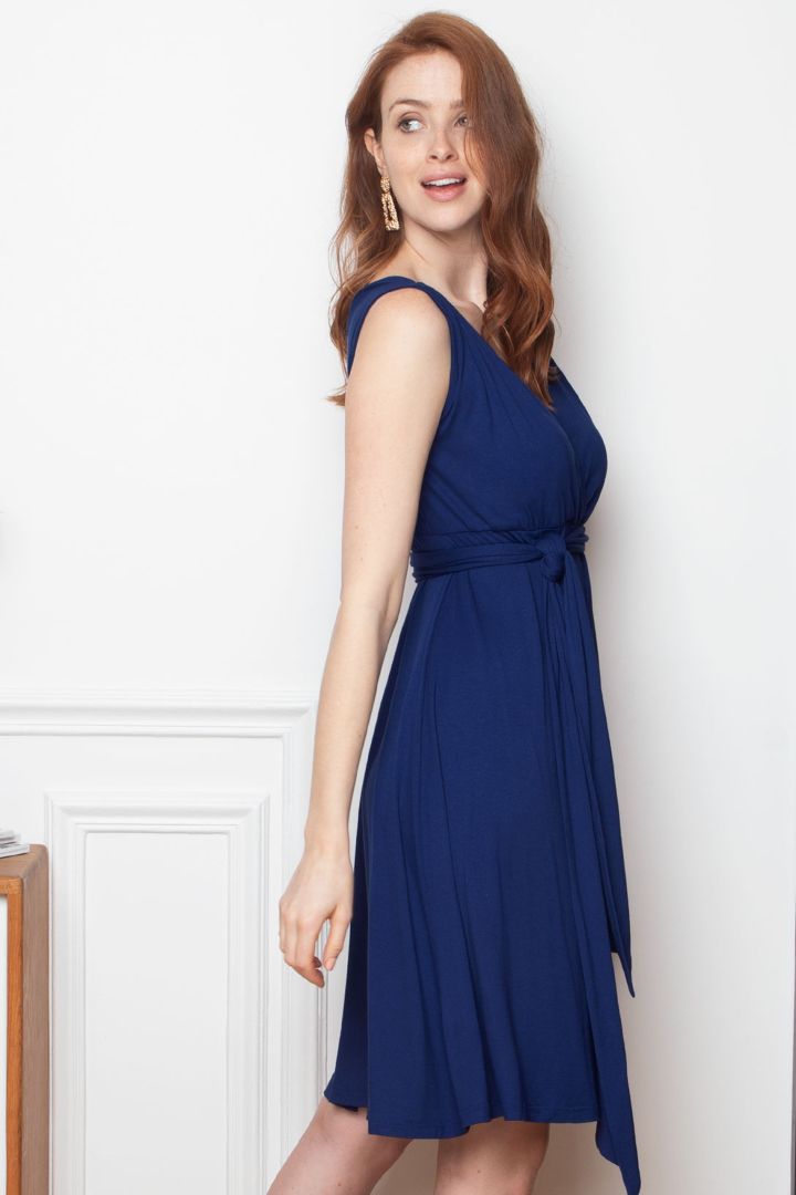 Maternity and Nursing Dress with tie Belt blue