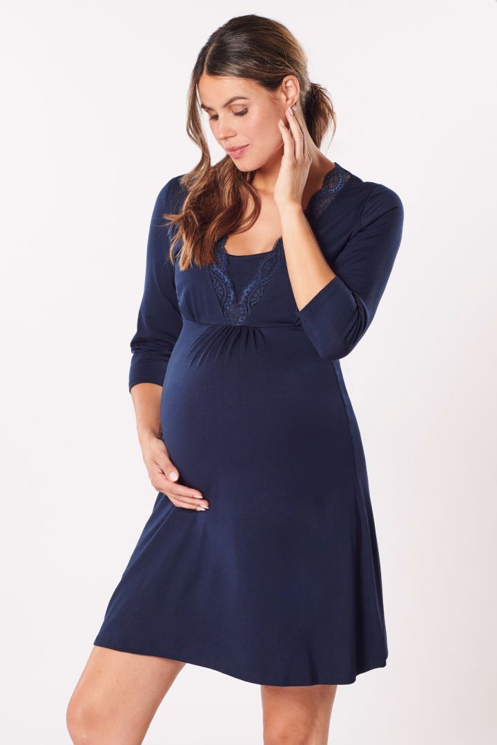 Modal Maternity and Nursing Nightdress with Lace navy