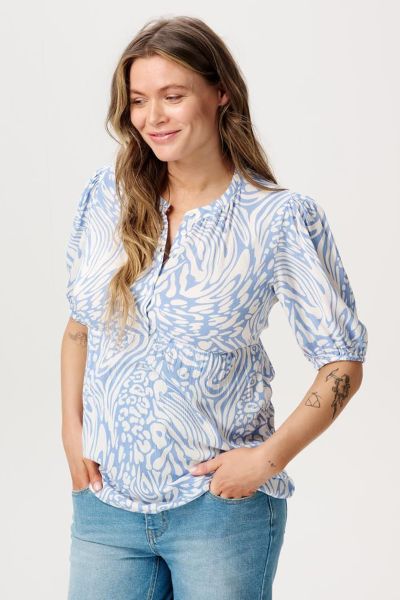Maternity and Nursing Blouse with Puff Sleeves and Print