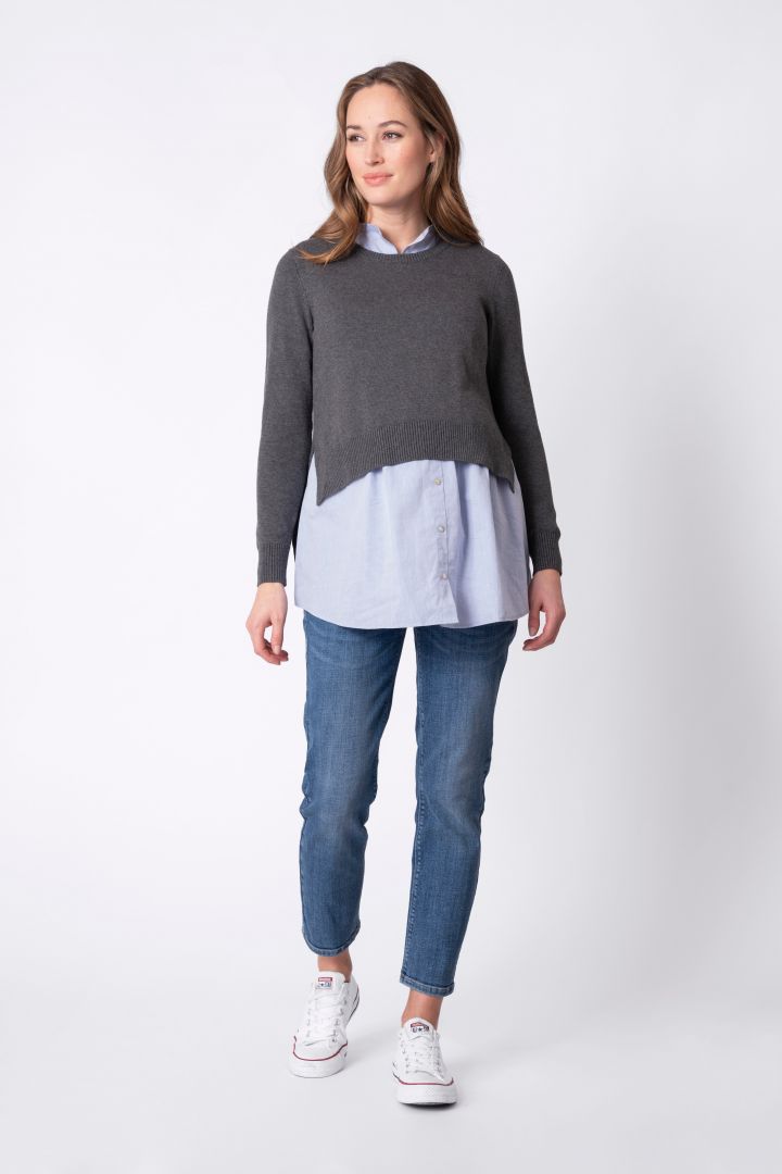 Layered Matnerity and Nursing Jumper with Stand-Up Collar Blouse grey/blue