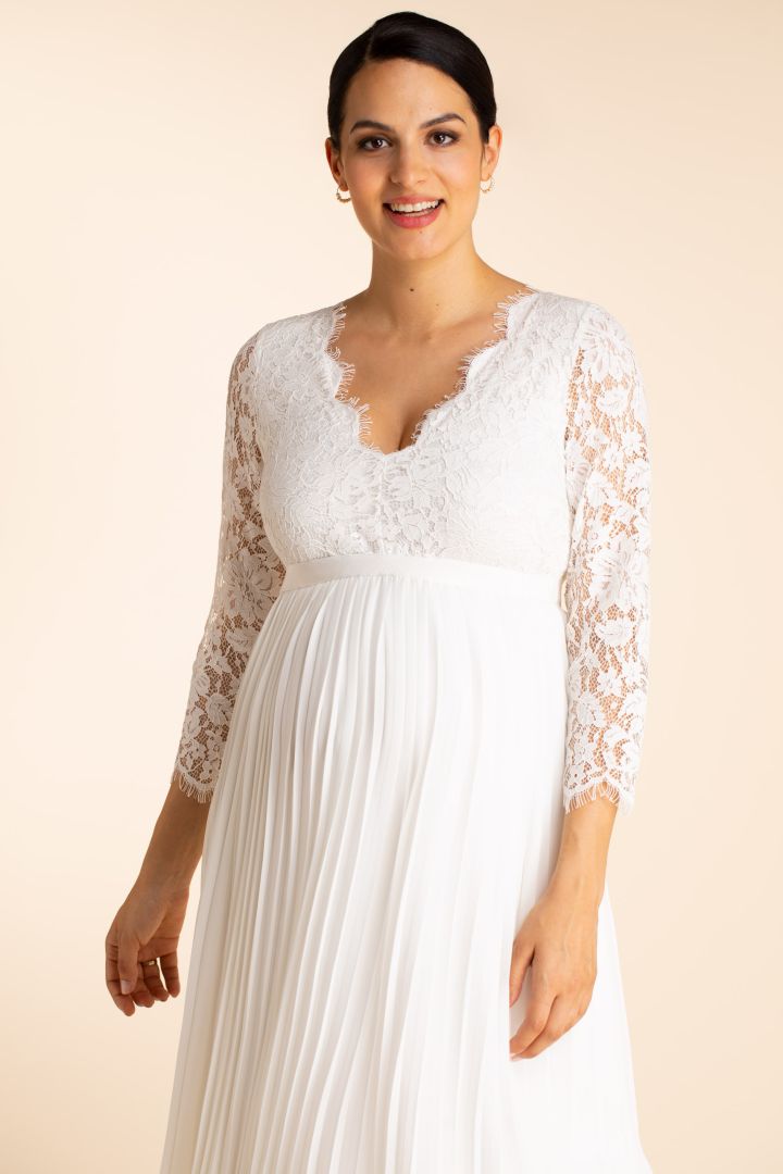Plus Size Maternity Wedding Dress with Lace Top and Pleats 3/4 Sleeves