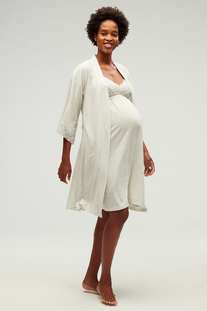 Kimono Maternity Dressing Gown with Lace light grey marl