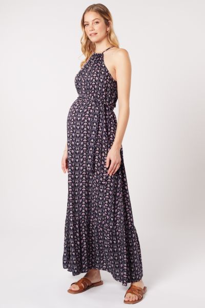 Maternity Halterneck Dress with Sash in Print