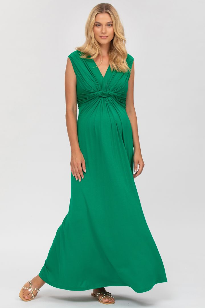 Maxi Maternity and Nursing Dress with Knot Detail Green
