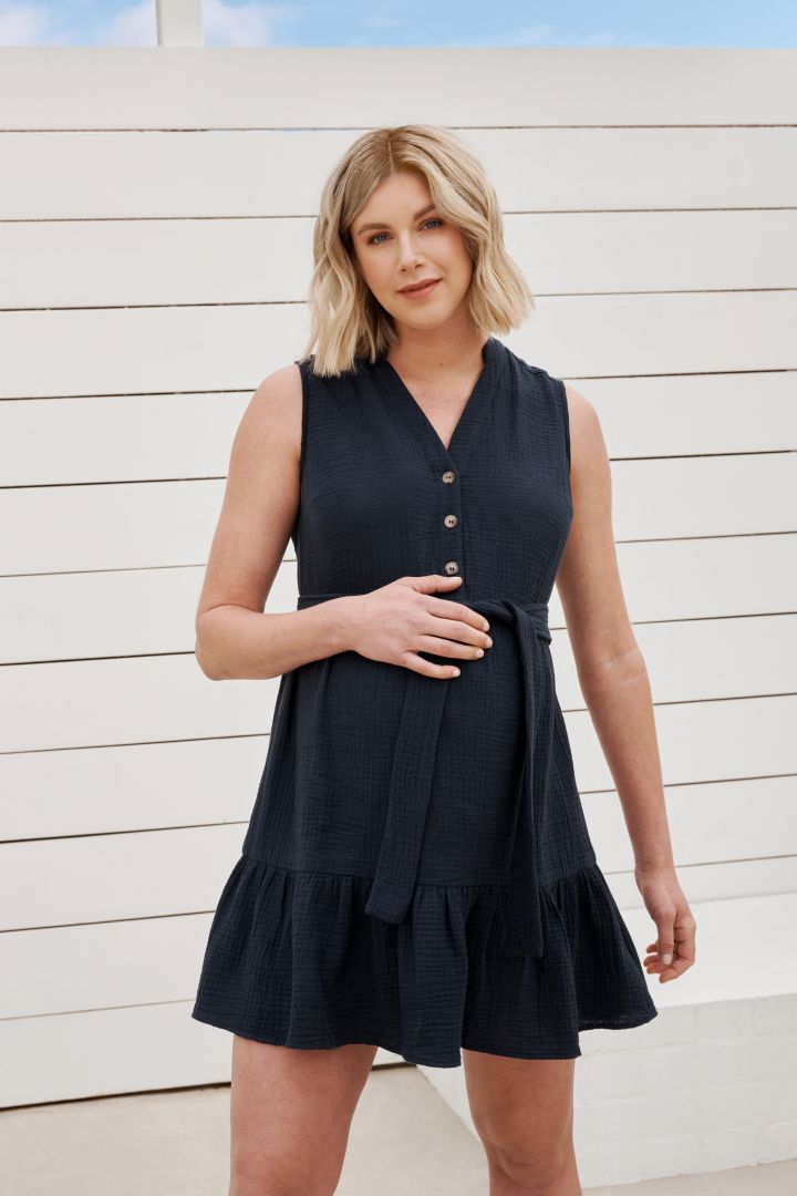 Maternity and Nursing Dress with Flounces navy