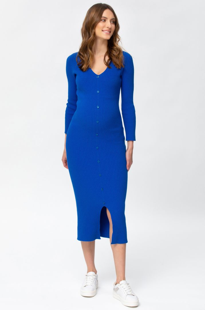 Ribbed Knit Maternity Dress with Buttons royal blue