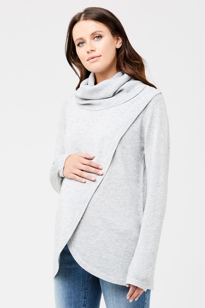 Maternity and Nursing Knit Sweater with Cowl Neck grey
