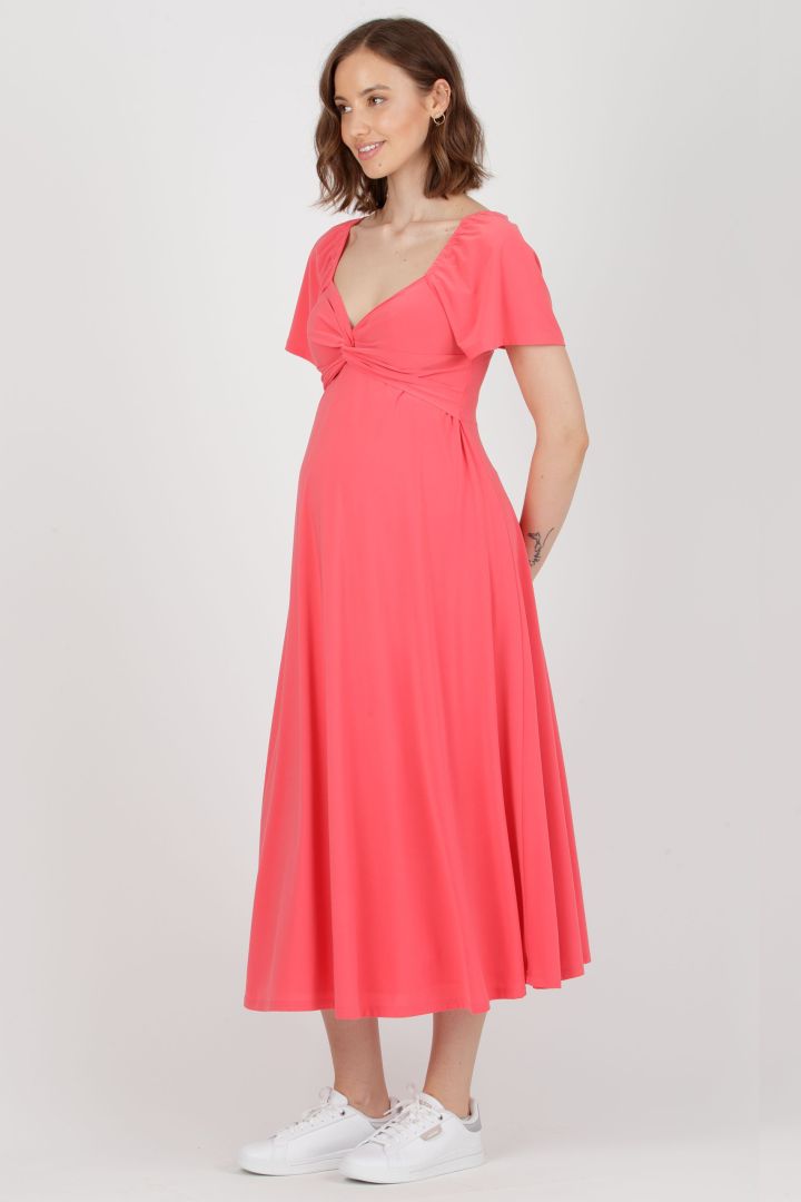 Festive Maternity and Nursing Dress with Knot Detail coral