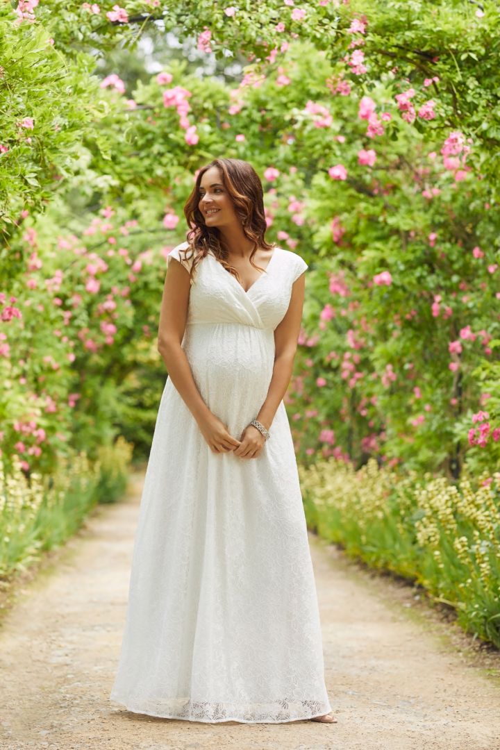Long Lace Maternity and Nursing Wedding Dress with Cache-Coeur Neck Ivory