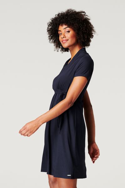 Ecovero Maternity and Nursing Dress with Tie Belt navy