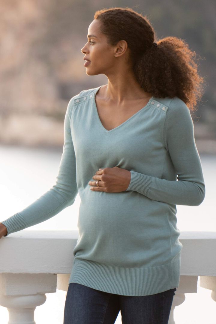 Fine Knit Maternity and Nursing Sweater with V-Neck sage