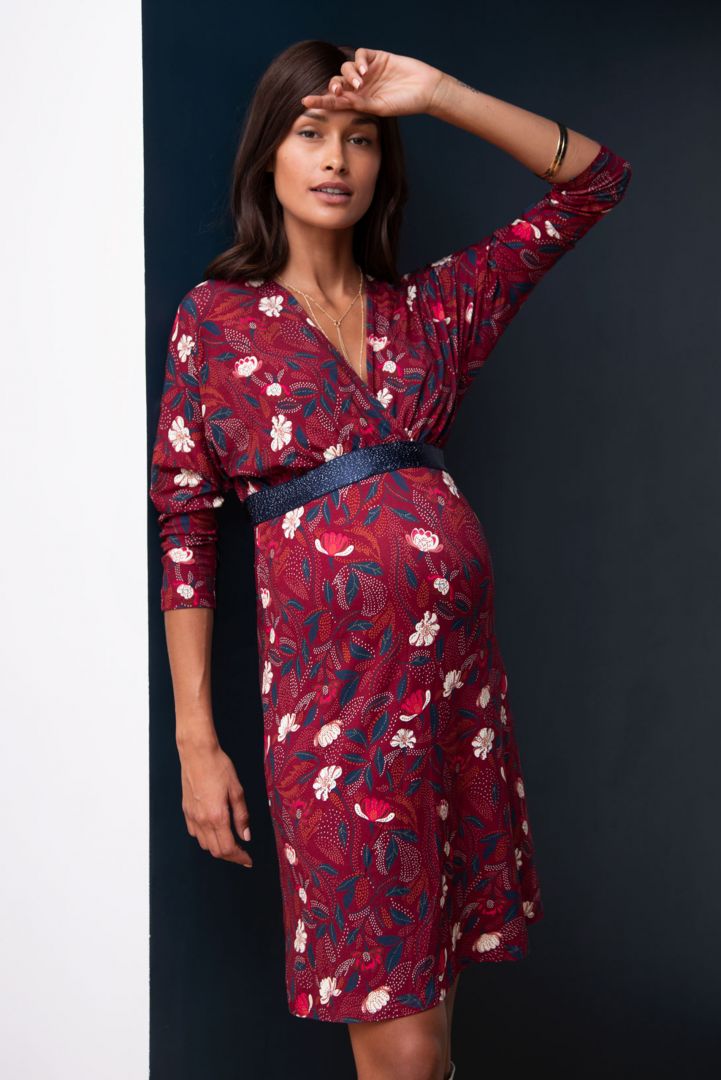 Maternity and Nursing Dress with Lurex Sash bordeaux