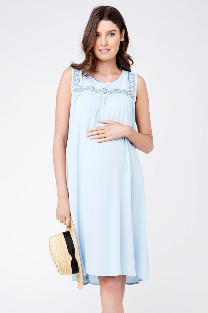 Embroidered Maternity Dress blue chambray