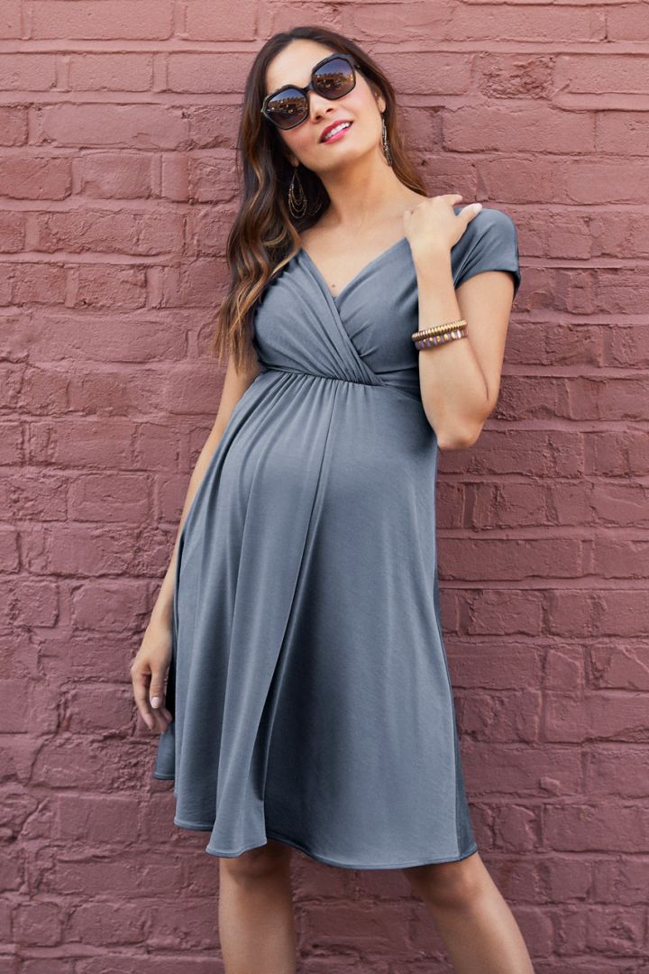 A-Line Maternity and Nursing Dress in a Glossy Fabric, blue
