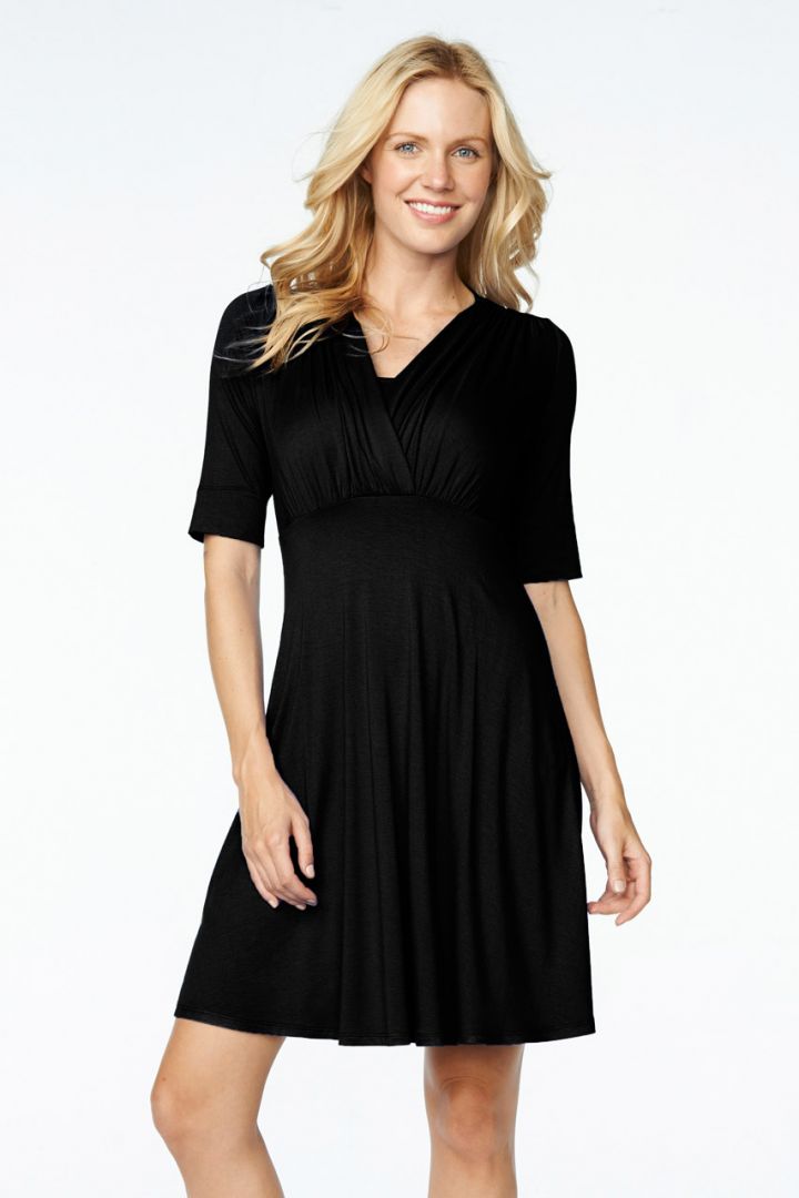 Stomach-flattering nursing dress with short sleeves in black