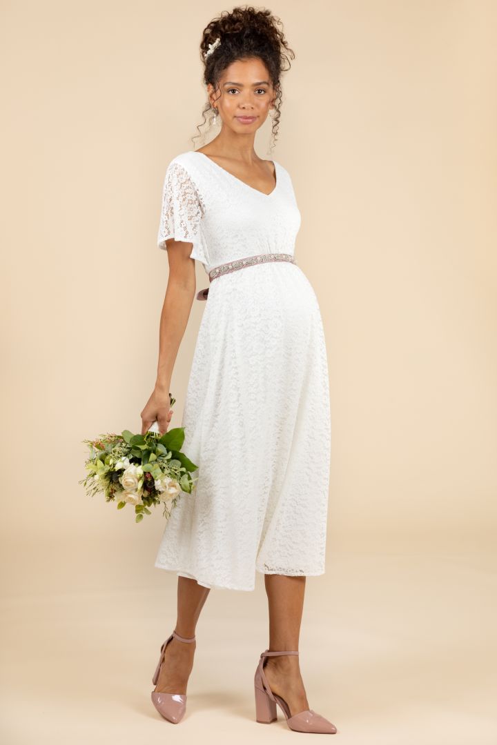 Midi Maternity Wedding Dress with Floral Lace